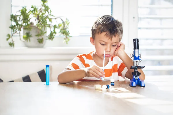 Little Boy Frustrated While Working Microscope Home — Stock Photo, Image