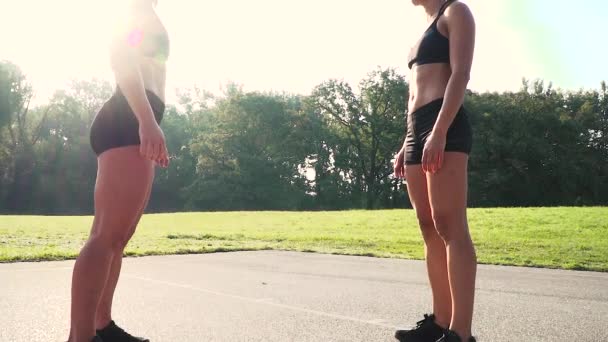 Two Fitness Women Doing Handshake Ritual Stadium — Stock Video