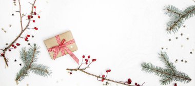 dallar ve dalları ile çilek beyaz arka plan üzerinde Noel arka plan izole hediye kutusu 