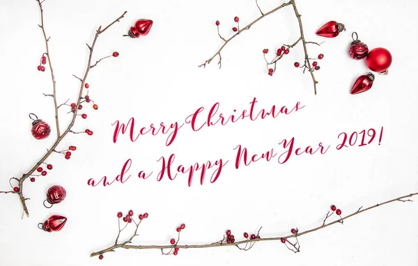 Christmas Greeting Card Red Baubles Branches Berries Isolated White Background — Stock Photo, Image
