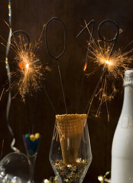New Year Background Burning Sparklers Glass Champagne Bottle Christmas Items — Stock Photo, Image