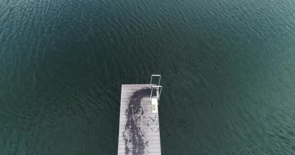 晴れた日で木製の桟橋が水の中からジャンプの男性と女性 — ストック動画