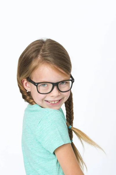 Pretty Girl Black Glasses Plaits Posing Front White Background Studio — Stock Photo, Image