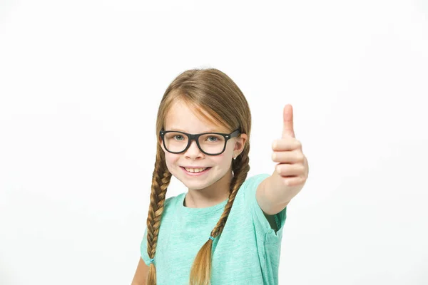 Menina Bonita Com Óculos Pretos Tranças Posando Frente Fundo Branco — Fotografia de Stock