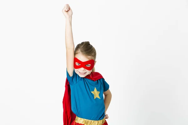 Pretty Blonde Super Girl Costume Red Mask Cape Posing Isolated — Stock Photo, Image