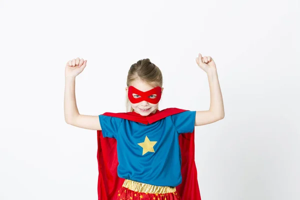 Pretty Blonde Super Girl Costume Red Mask Cape Posing Isolated — Stock Photo, Image