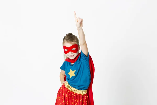 Pretty Blonde Super Girl Costume Red Mask Cape Posing Isolated — Stock Photo, Image