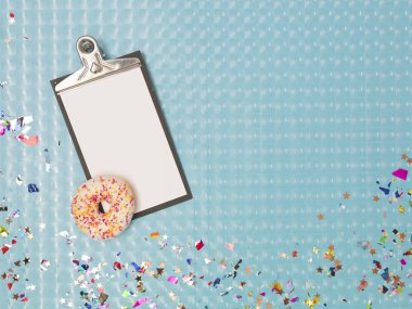 Özel mavi efekti arka plan halka kırpma kurulda ve konfeti 