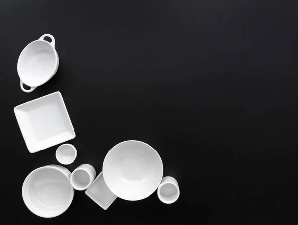 Collection White Modern Tableware Black Background — Stock Photo, Image