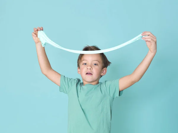 Little Boy Plays Having Fun While Playing Homemade Slime Front — Stock Photo, Image