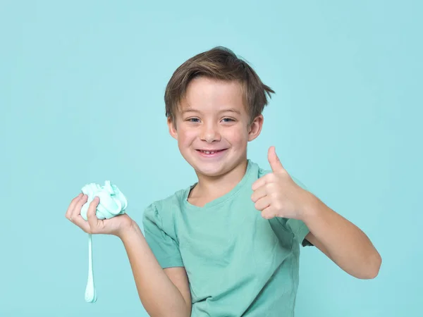 Little Boy Plays Having Fun While Playing Homemade Slime Front — Stock Photo, Image