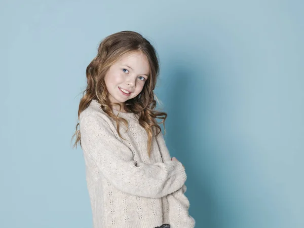 Pretty Cool Girl Wearing Wool Sweater Posing Front Blue Background — Stock Photo, Image