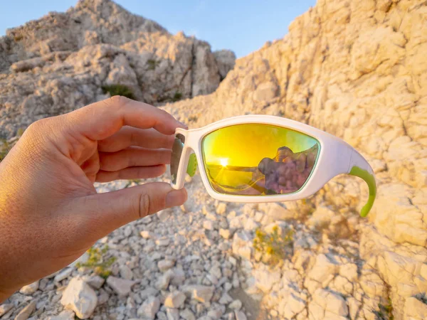 Selfie Selfie Reflection Sunglasses Trail Running Man Baska Island Krk — 스톡 사진