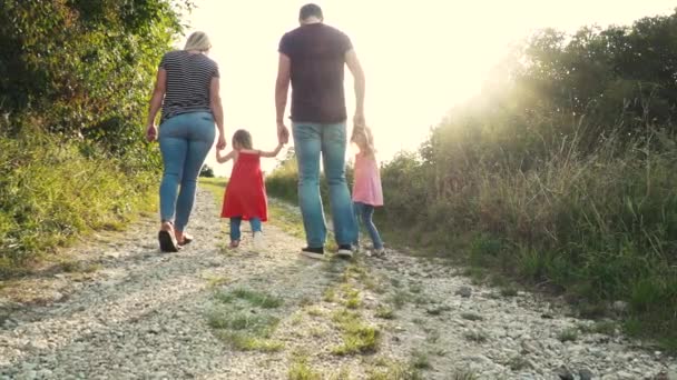 Mutlu Ebeveynler Iki Çocuk Güneşli Bir Günde Çayırda Birlikte Yürüyüp — Stok video