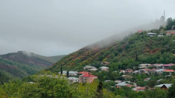 绿色丘陵的风景与屋顶和移动的云彩 — 图库视频影像
