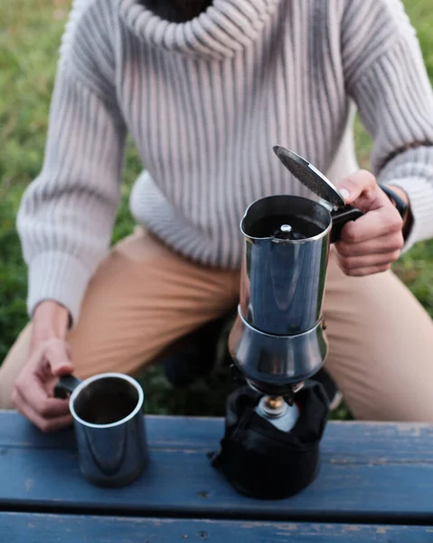 Young Man Making Coffee Geyser Coffee Maker Hipster Nature Camping — Stock Photo, Image