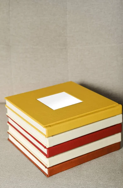 Mockup Photobooks Stack Leather Bound Photo Books Lying Table — Stock Photo, Image