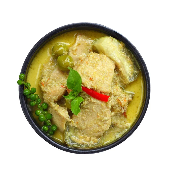 Zöld Curry Csirke Padlizsán Thai Élelmiszer Izolált Háttér — Stock Fotó