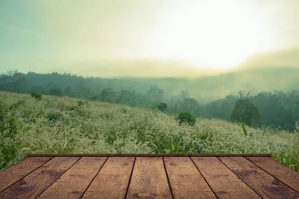 Sabah güneş çim Pai, Tayland, alandaki gündoğumu ve bir ön plan ahşap zemini çok güzel 