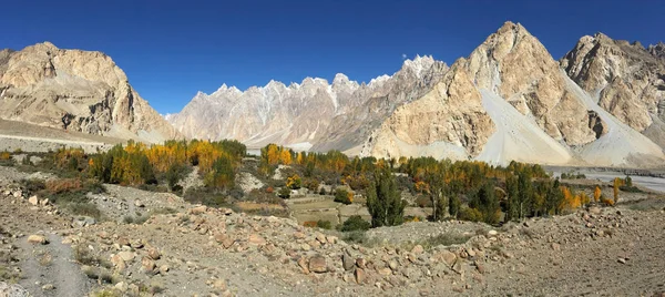 Passu sonbaharda göstermek açık mavi gökyüzü ve kavak ağaçları karakurum aralığının dağlarla çevrili sarı yapraklar. Hunza, Gilgit-Baltistan, Pakistan.