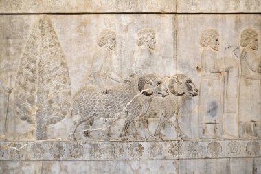 Kralın Persepolis Apadana, Doğu merdivenleri, Güney kısmında bighorn koyun ve hediyeler getiren antik Suriyeliler erkeklerin bir kısma. Şiraz, Iran.