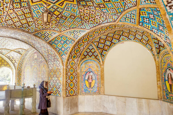 Tehran, Iran. October 23, 2016 : Interior tile art inside Karim Khani Nook. Golestan palace.