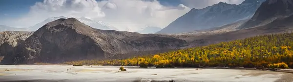 Sonbahar sezonu Khaplu Vadisi'nin panoramik görünümü. Ghanche, Gilgit Baltistan, Pakistan.