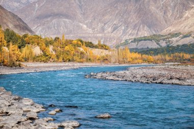 Mavi su Gupis, Ghizer, Gilgit Baltistan, Pakistan akan Gilgit Nehri'nin sonbahar sahne.
