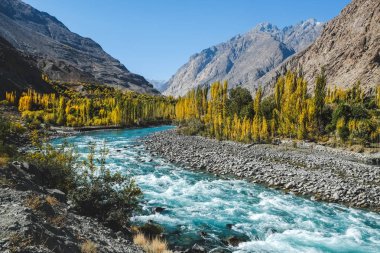Gupis, Ghizer, Gilgit-Baltistan, Pakistan akan Gilgit Nehri'nin sonbahar sahne, mavi turkuaz su.