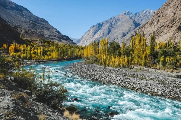 Escena Otoño Agua Azul Turquesa Del Río Gilgit Que Fluye — Foto de Stock