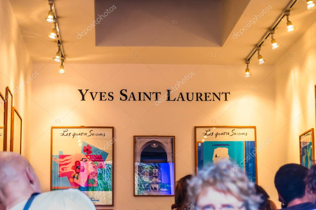 Marrakesh, Morocco. March 12, 2014 : Brand name of Yves Saint Laurent at the Jardin Majorelle Garden and Museum.