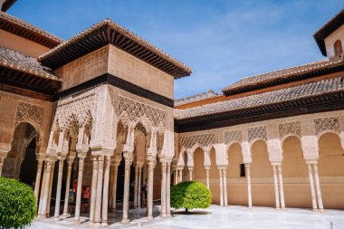 Granada, Endülüs, İspanya. 3 Mayıs 2017: İslam Mağribi mimarisi ve tasarım aslan, Alhambra palace mahkemede.