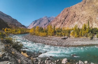 Gilgit Nehri Dağ ve sonbahar ağaçlarda bir görünüm ile Gupis akan. Ghizer, Gilgit Baltistan, Pakistan.