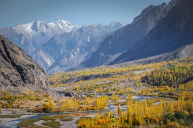 Arka planda dağ aralığı ile gubi ormanından akan nehrin peyzaj görünümü. Sonbaharda Ghizer. Bayram Baltistan, Pakistan.