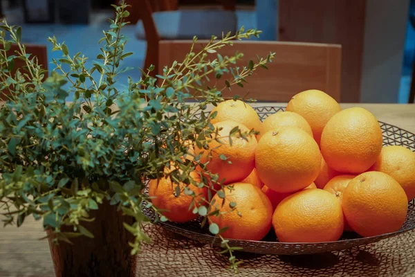 Koyu oda içinde ahşap masa üzerinde bir sepet içinde Portakal, kısmen vazo yeşil yaprakları bitki gizlemek ile.