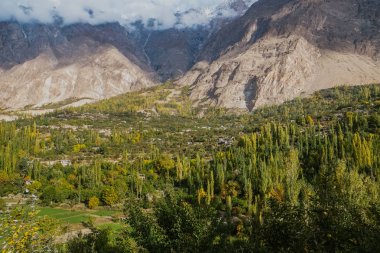 Hunza vadisinde doğa manzara görünümü. Arka planda Karakoram aralığında bulutlar ve karla kaplı dağlar ile yeşil orman Güzel sahne. Gilgit Baltistan, Pakistan.