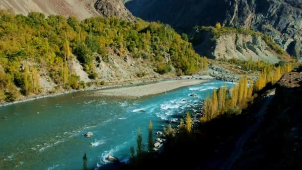 Agua azul turquesa del río Ghizer que fluye a través del bosque en Gahkuch, Gilgit jalá, Pakistán . — Vídeo de stock