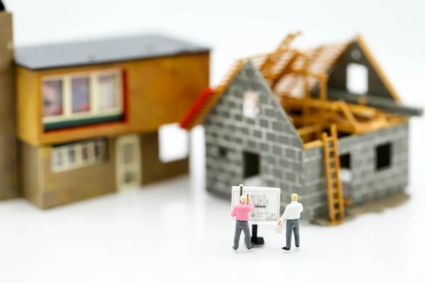 Miniature People Engineering People Architecture Working Construction Drawing House World — Stock Photo, Image