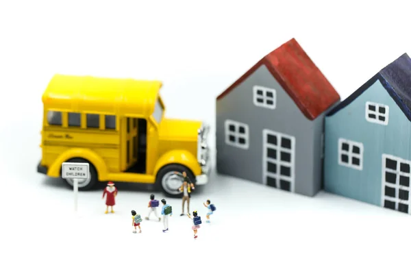 Miniature People Group Young Children Getting Schoolbus Schoolbus Transportation Education — стоковое фото