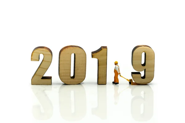 Miniature People Worker Wooden Number 2019 Happy New Year 2019 — Stock Photo, Image