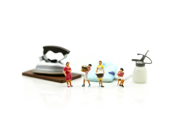 Miniature People Maid Woman Housewife Ironing Clothes Iron Laundry Home — стоковое фото