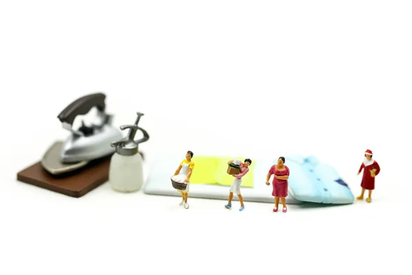 Miniature People Maid Woman Housewife Ironing Clothes Iron Laundry Home — стоковое фото