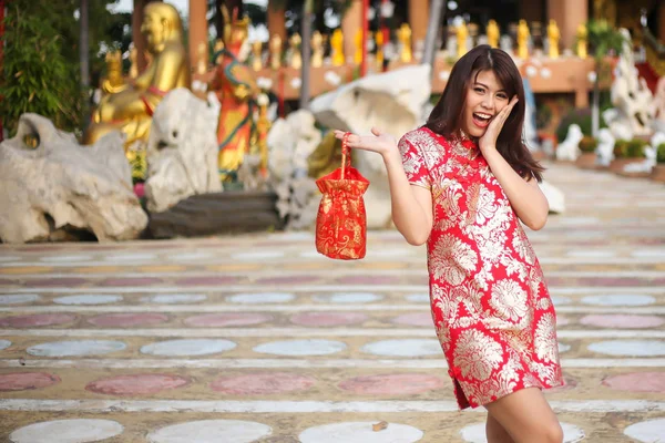 Porträt Einer Schönen Asiatischen Frau Mit Glücksgeld Und Roter Tasche — Stockfoto