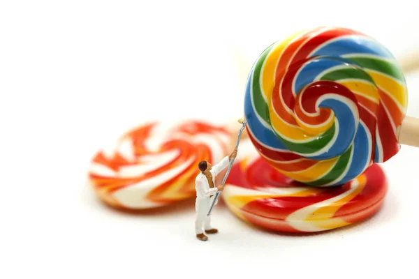 Miniature People Worker Painting Colorful Sweet Candy Lollipop — Stock Photo, Image