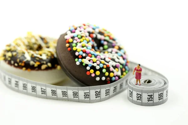 Miniature People Fat Woman Friend Donut Tying Measuring Tape Dietary — Stock Photo, Image