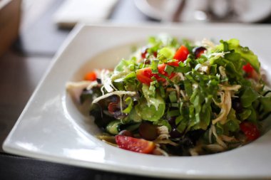 Tavuk, fındık, yumurta ve sebze ile lezzetli salata taze Sal