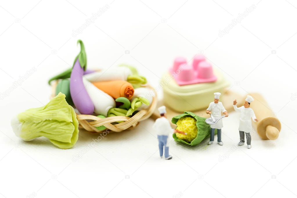 Miniature people : Chef with Assortment of fresh fruits and vege