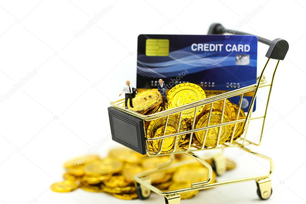 Miniature people : Businessman with Shopping cart,Credit cards a