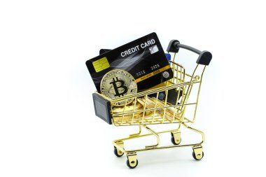 Kredi kartı ve alışveriş sepeti para dolar ile Bitcoins, Onl
