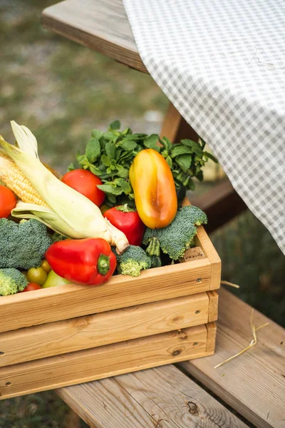 Une boîte avec une récolte de légumes est dans la rue. Poivrons, maïs, brocoli, tomates et herbes dans la boîte. Récolte d'automne. — Photo